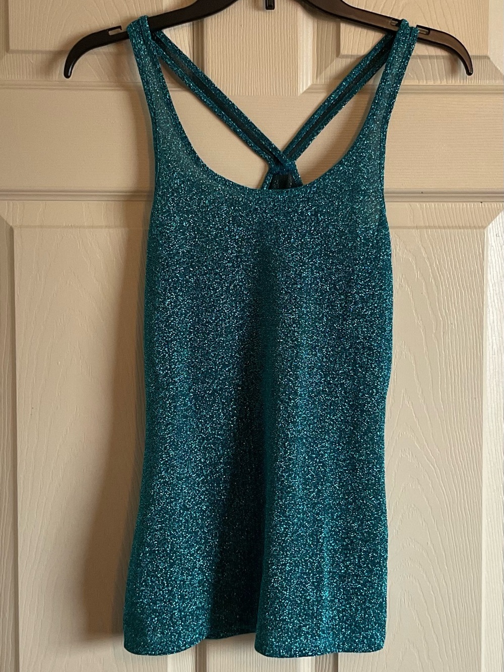 Express Teal Glitter Tank Top Womens Small Metallic Sparkle Shimmer Cross Back
